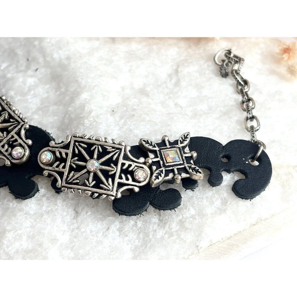 Faux Black Leather Boho Gemstone Silver T Adjustable Vintage Bracelet - 7" - 9" - Picture 14 of 14
